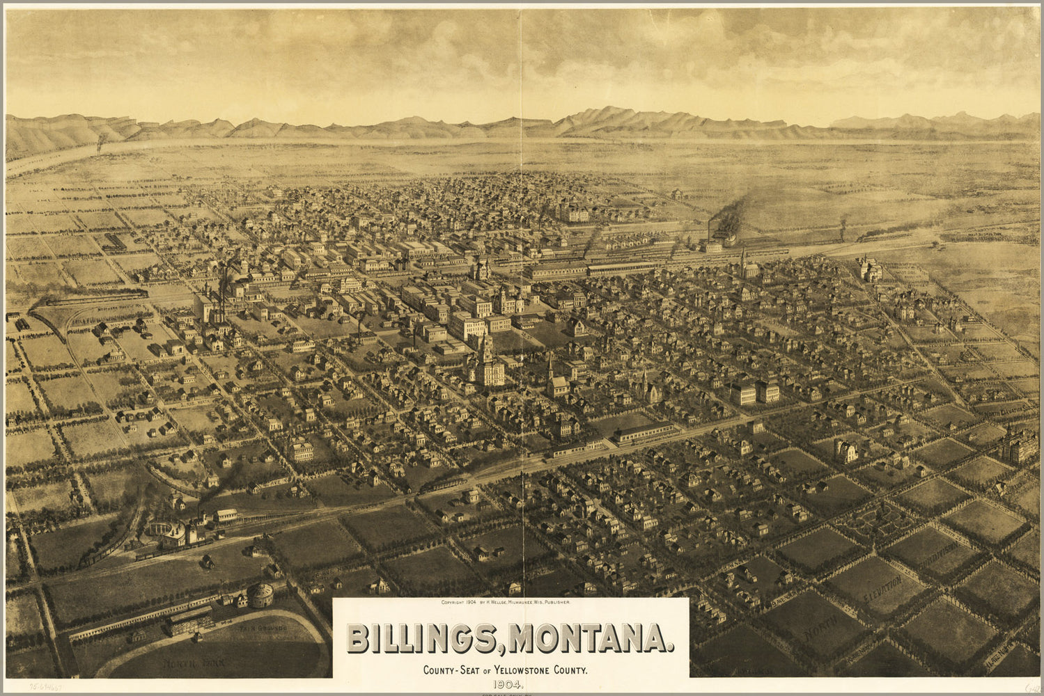 24"x36" Gallery Poster, birdseye view map of Billings, Montana 1904