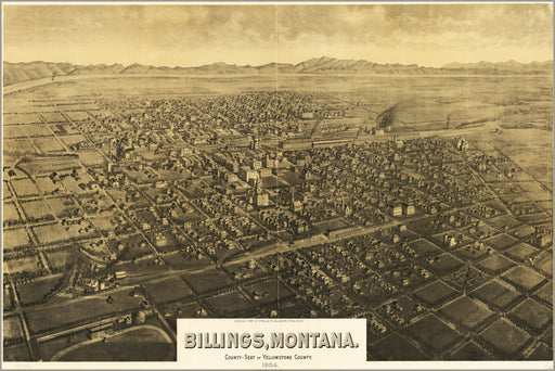 24"x36" Gallery Poster, birdseye view map of Billings, Montana 1904