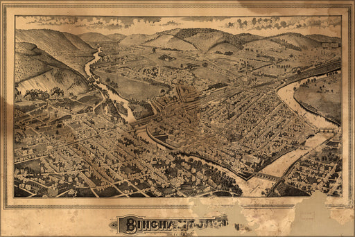 24"x36" Gallery Poster, birdseye view map of Binghamton, new york 1882