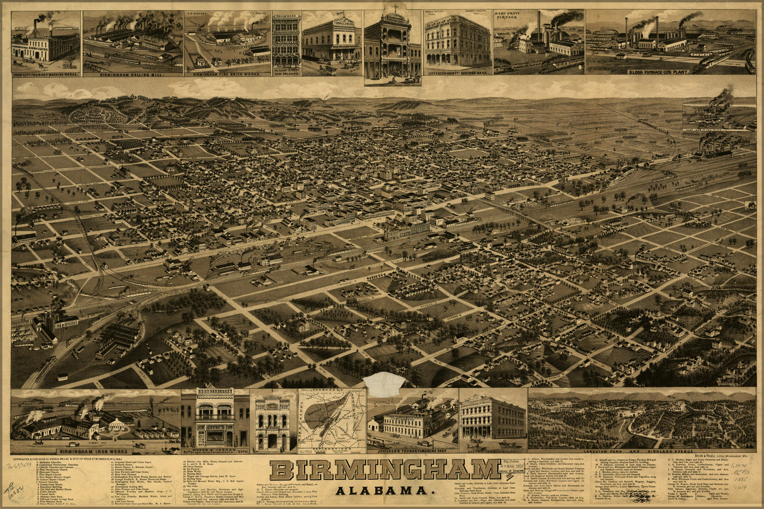24"x36" Gallery Poster, birdseye view map of Birmingham, Alabama 1885