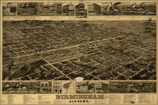 24"x36" Gallery Poster, birdseye view map of Birmingham, Alabama 1885