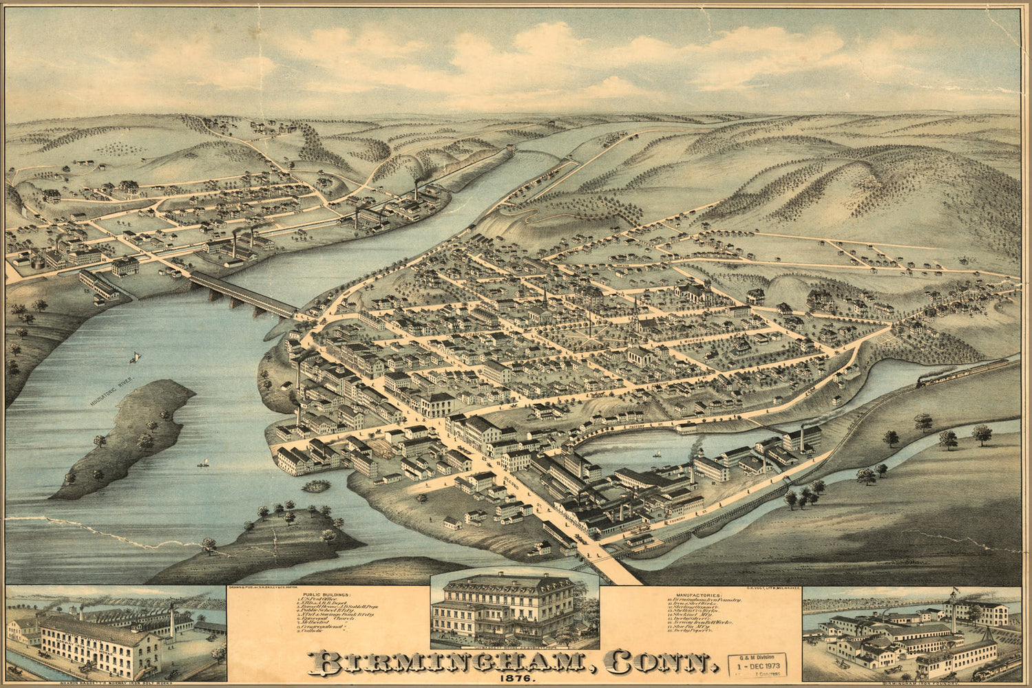 24"x36" Gallery Poster, birdseye view map of Birmingham, Connecticut 1876