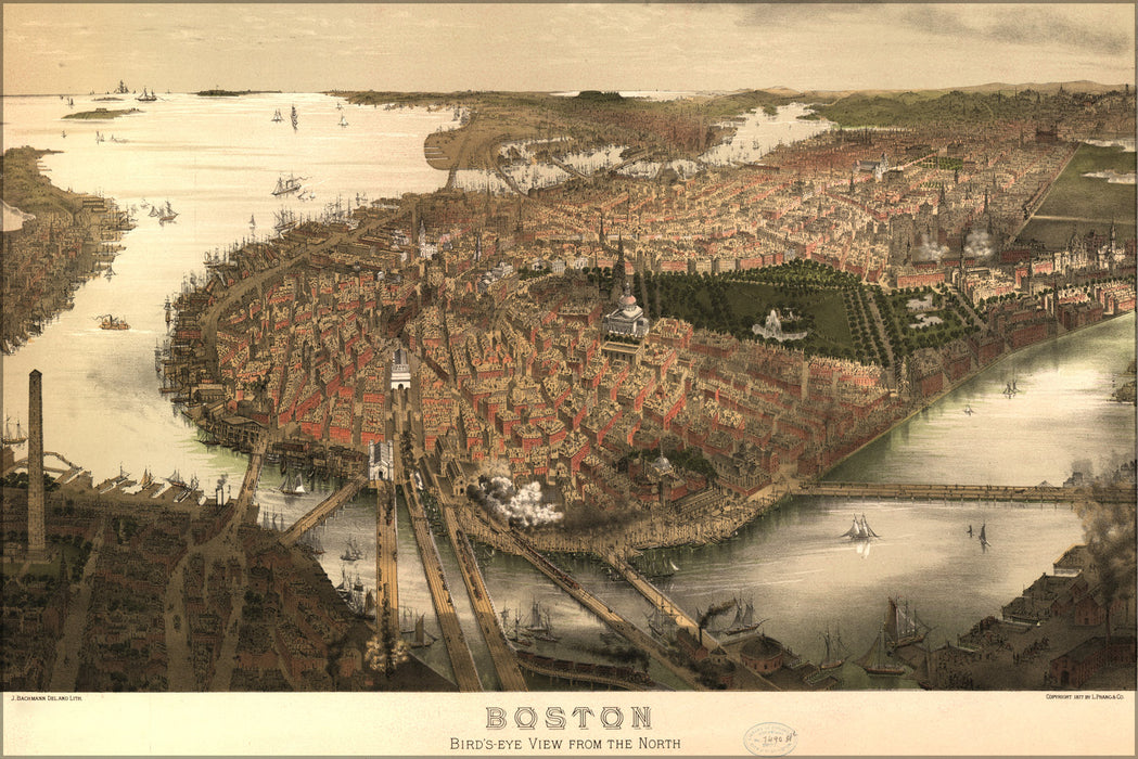 24"x36" Gallery Poster, birdseye view map of Boston 1877