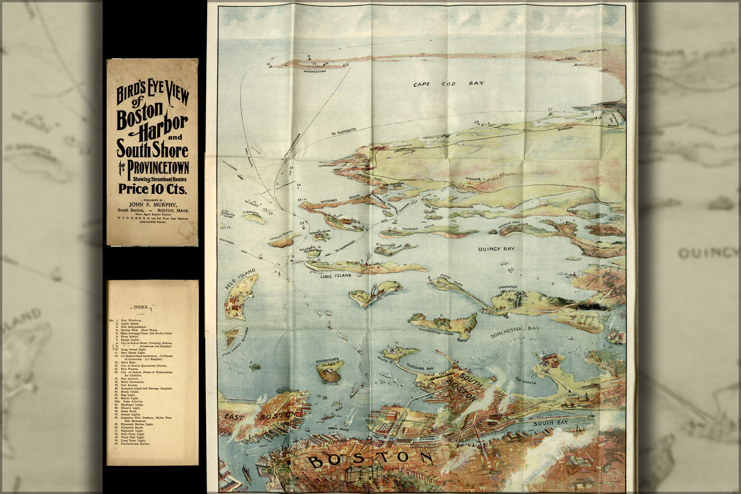 24"x36" Gallery Poster, birdseye view map of Boston Harbor and South Shore to Provincetown  showing steamboat routes 1905