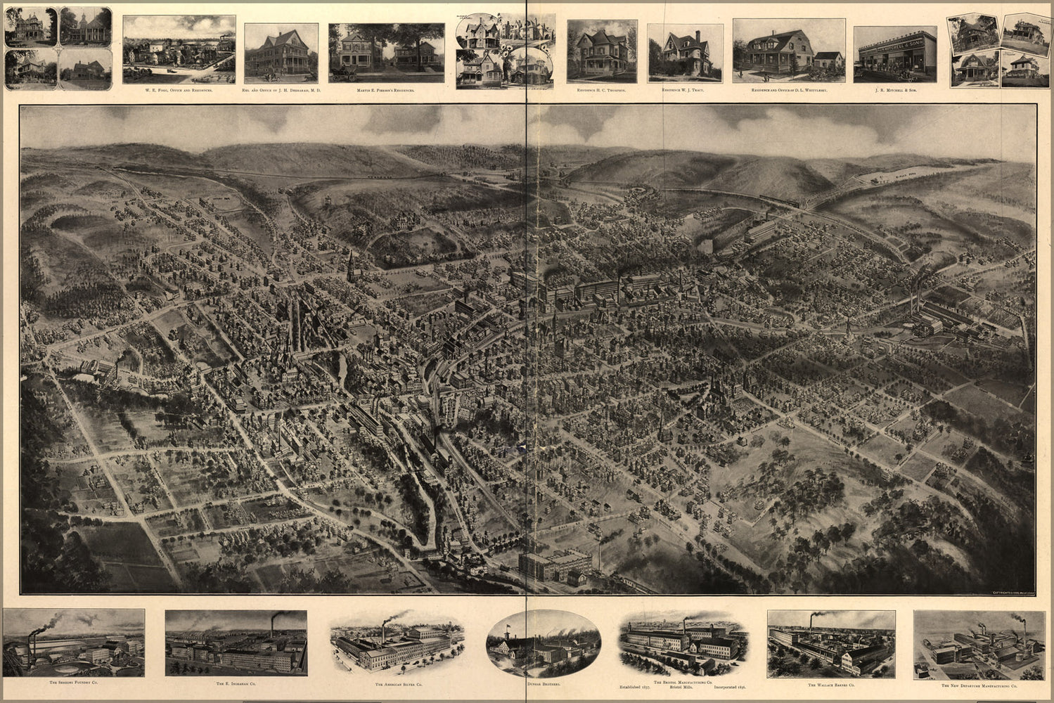 24"x36" Gallery Poster, birdseye view map of Bristol, Connecticut 1907
