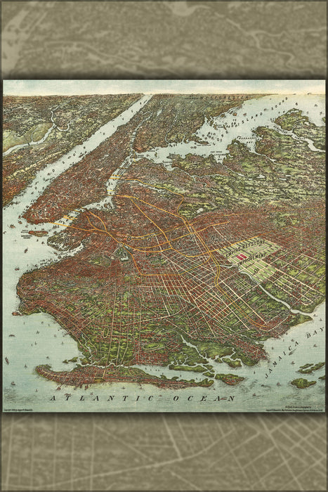 24"x36" Gallery Poster, birdseye view map of Brooklyn manhattan new york city 1908