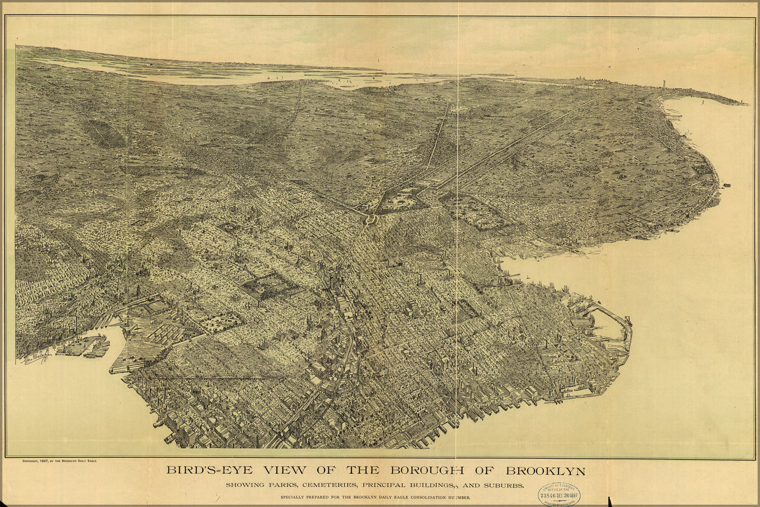 24"x36" Gallery Poster, birdseye view map of Brooklyn new york city 1897