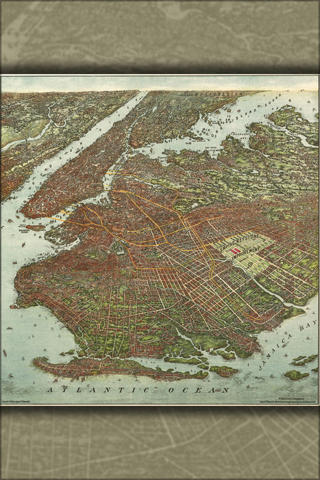 24"x36" Gallery Poster, birdseye view map of Brooklyn new york city 1908