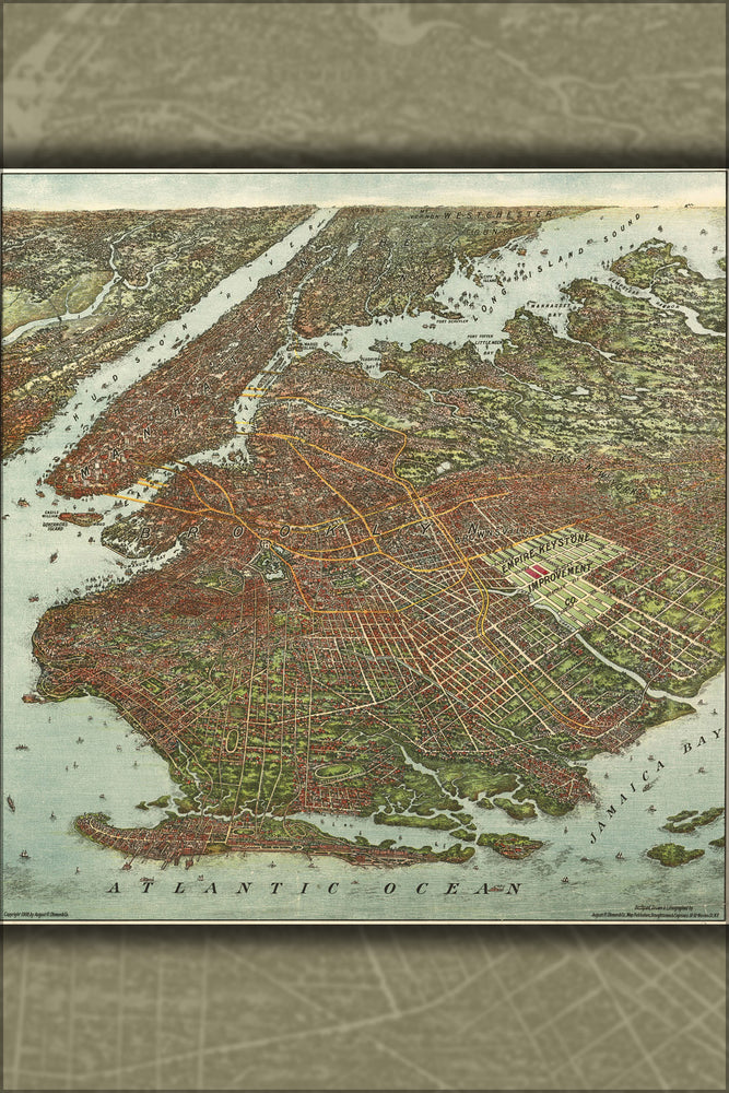 24"x36" Gallery Poster, birdseye view map of Brooklyn new york city 1908