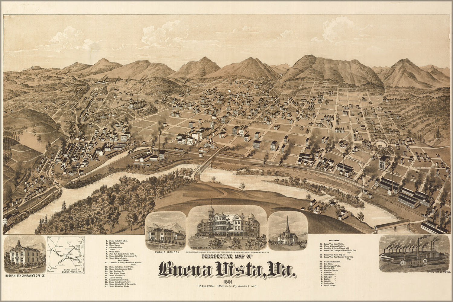 24"x36" Gallery Poster, birdseye view map of Buena Vista, Virginia 1891
