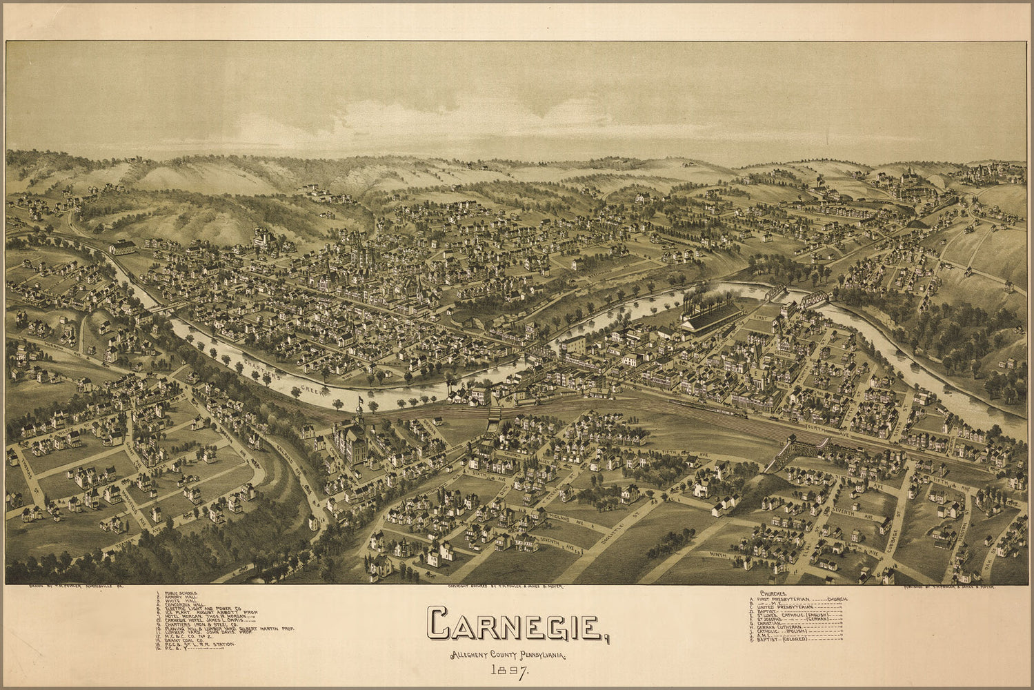24"x36" Gallery Poster, birdseye view map of Carnegie Pennsylvania 1897