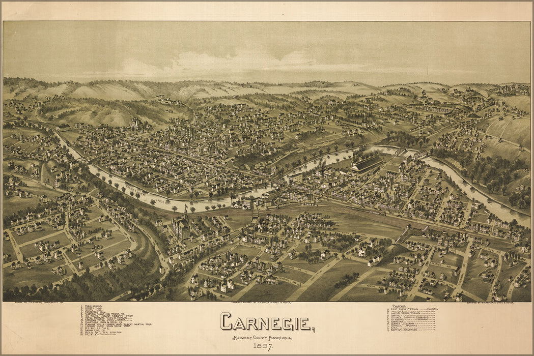 24"x36" Gallery Poster, birdseye view map of Carnegie Pennsylvania 1897