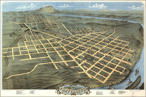 24"x36" Gallery Poster, birdseye view map of Chattanooga, Tennessee 1871
