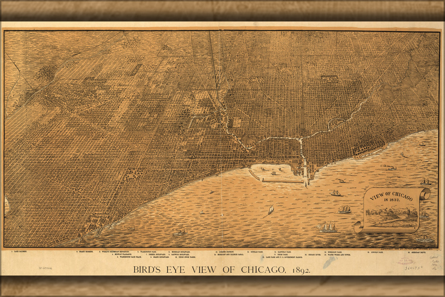 24"x36" Gallery Poster, birdseye view map of Chicago, 1892