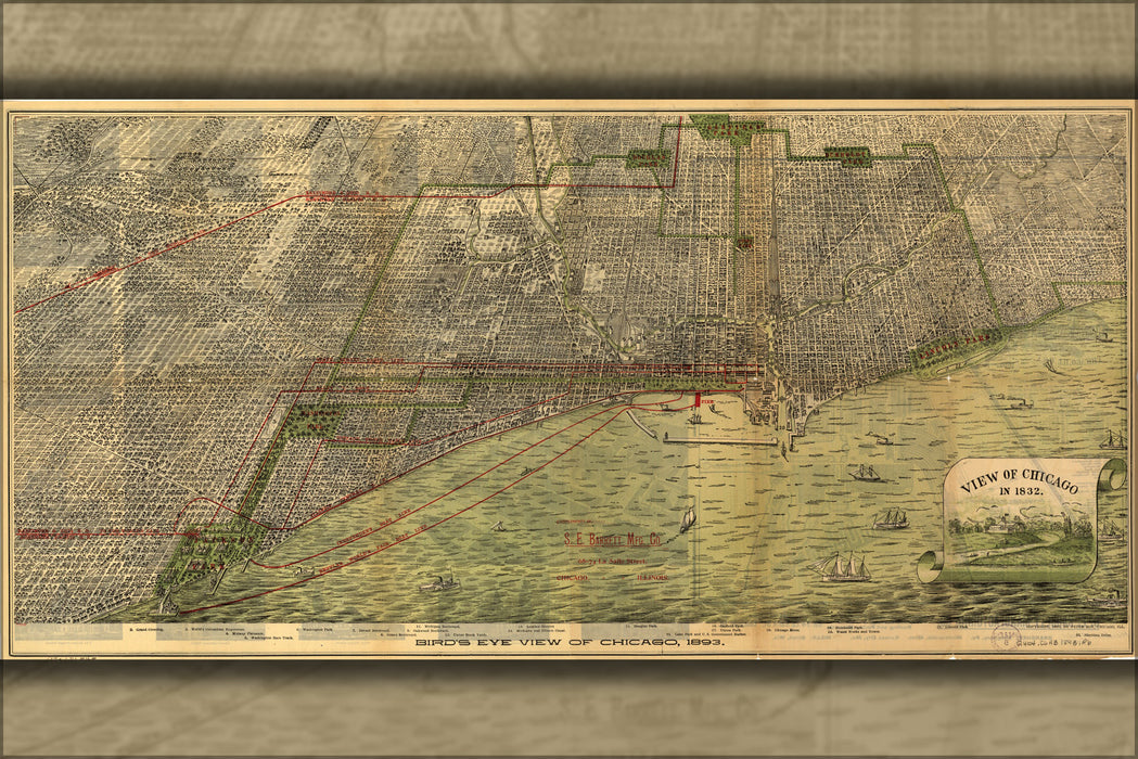 24"x36" Gallery Poster, birdseye view map of Chicago, 1893