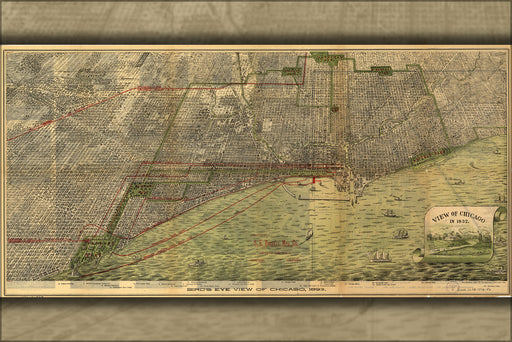 24"x36" Gallery Poster, birdseye view map of Chicago, 1893