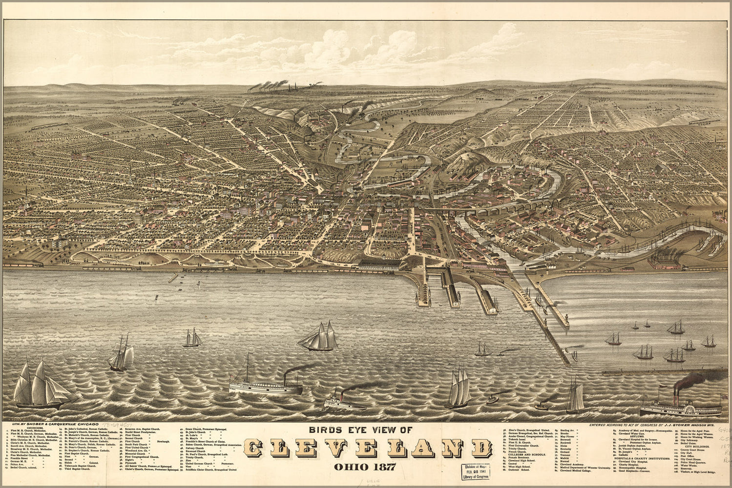24"x36" Gallery Poster, birdseye view map of Cleveland, Ohio 1877
