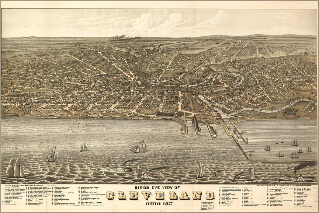24"x36" Gallery Poster, birdseye view map of Cleveland, Ohio 1877