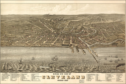 24"x36" Gallery Poster, birdseye view map of Cleveland, Ohio 1877