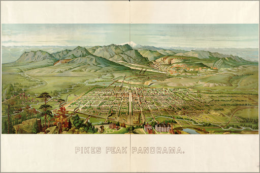 24"x36" Gallery Poster, birdseye view map of Colorado Springs from pikes peak 1890