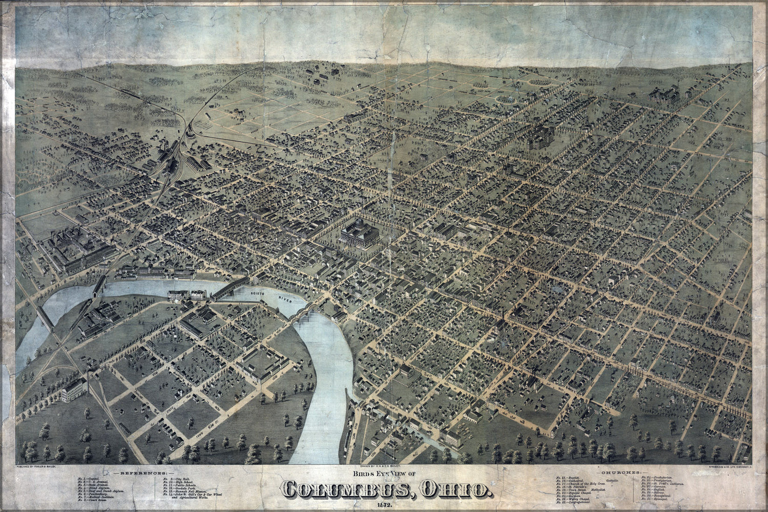 24"x36" Gallery Poster, birdseye view map of Columbus, Ohio 1872 05_19