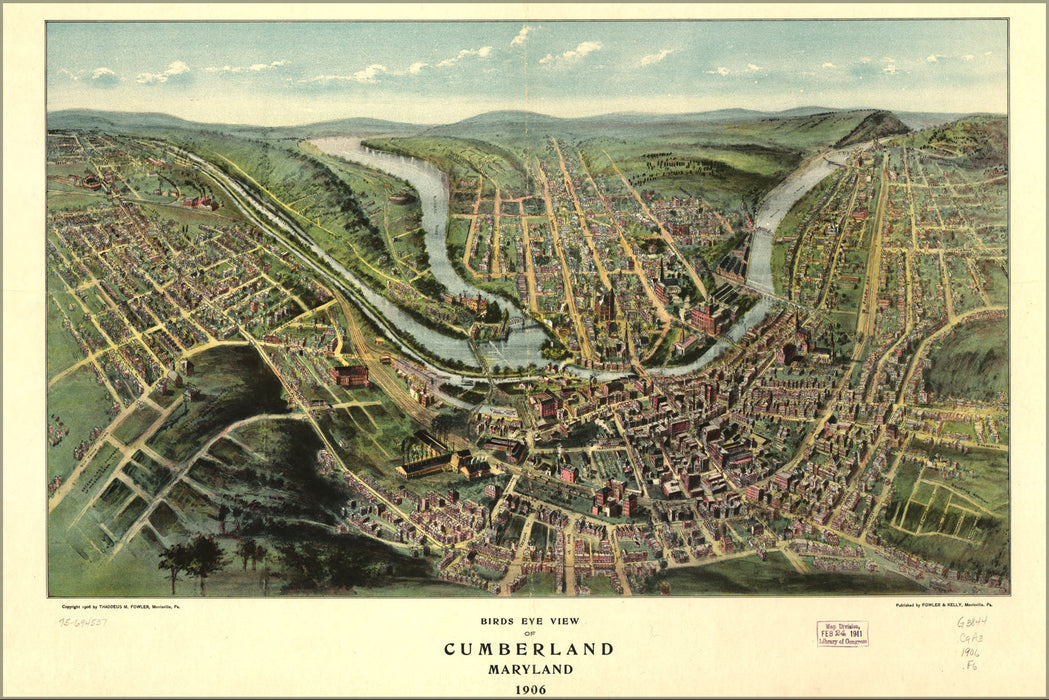 24"x36" Gallery Poster, birdseye view map of Cumberland, Maryland 1906