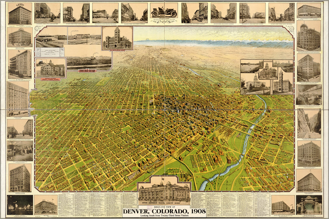 24"x36" Gallery Poster, birdseye view map of Denver, Colorado, 1908