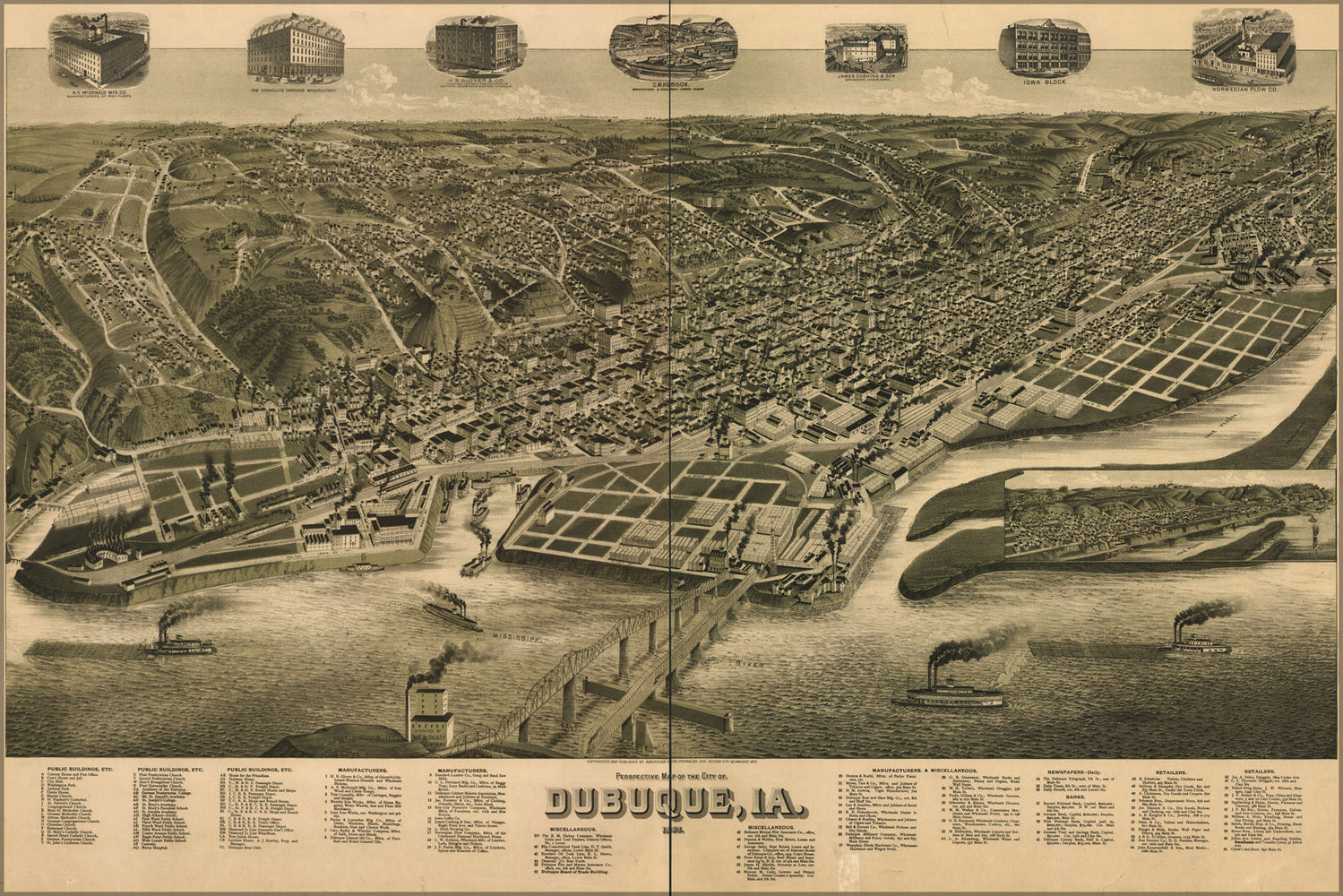 24"x36" Gallery Poster, birdseye view map of Dubuque iowa 1889