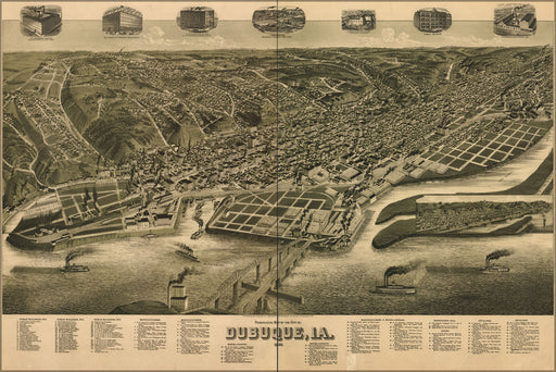 24"x36" Gallery Poster, birdseye view map of Dubuque iowa 1889