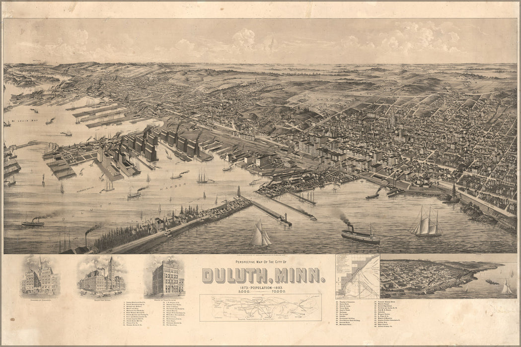 24"x36" Gallery Poster, birdseye view map of Duluth minnesota 1893