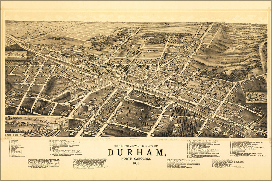 24"x36" Gallery Poster, birdseye view map of Durham, North Carolina 1891
