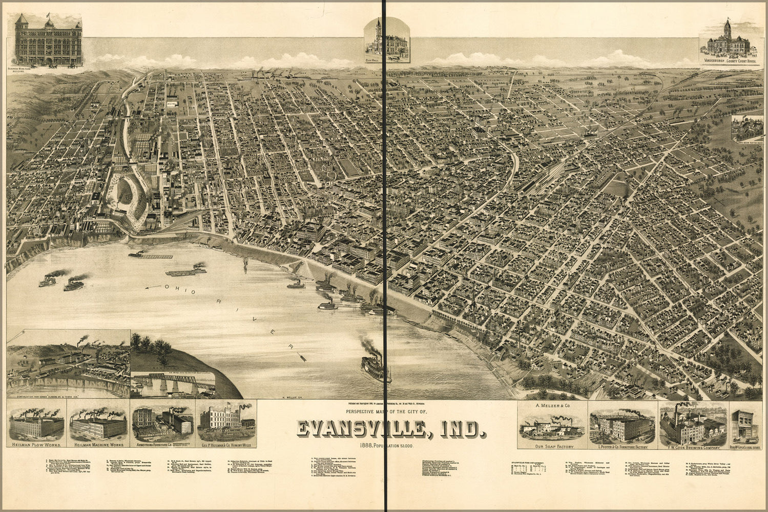 24"x36" Gallery Poster, birdseye view map of Evansville, Indiana 1888