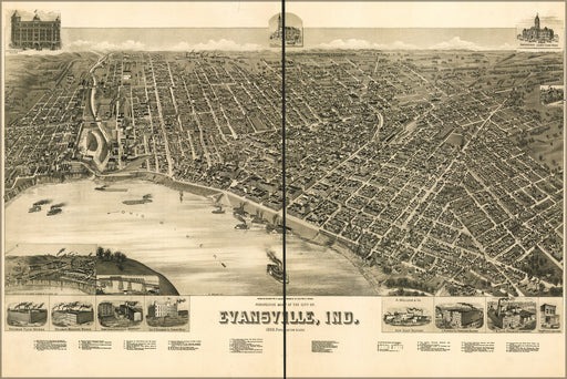 24"x36" Gallery Poster, birdseye view map of Evansville, Indiana 1888