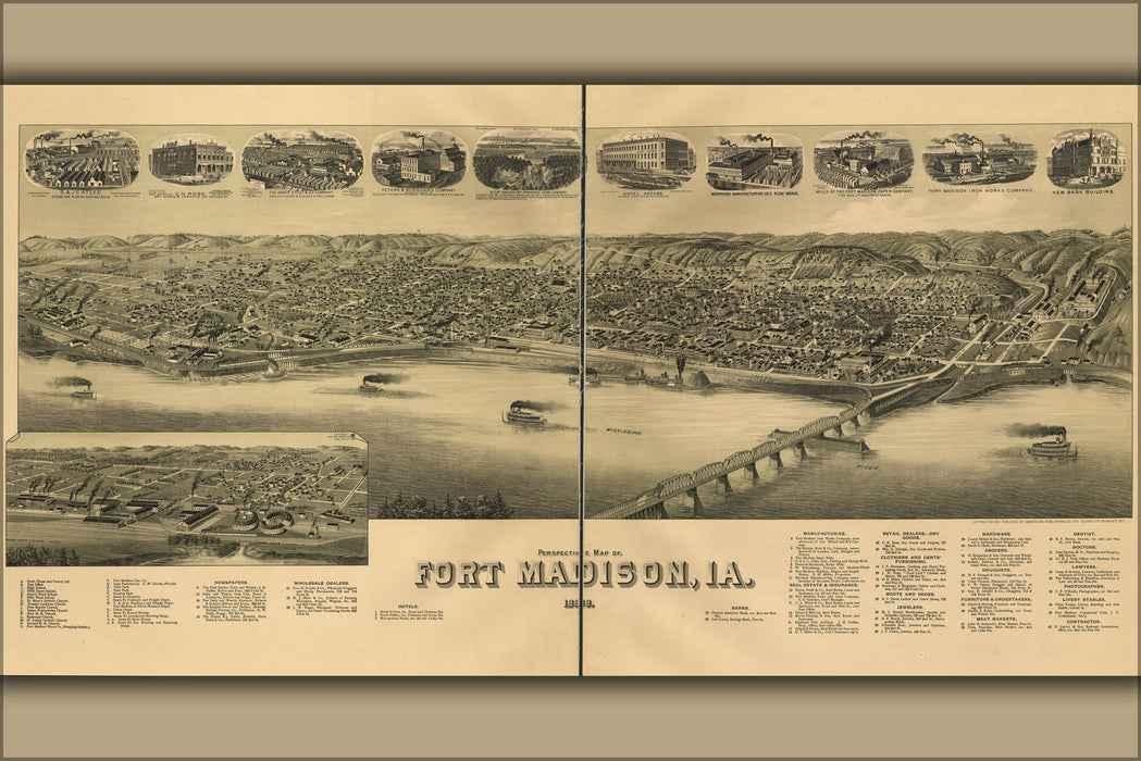 24"x36" Gallery Poster, birdseye view map of Fort Madison, Iowa 1889