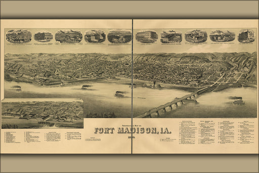 24"x36" Gallery Poster, birdseye view map of Fort Madison, Iowa 1889