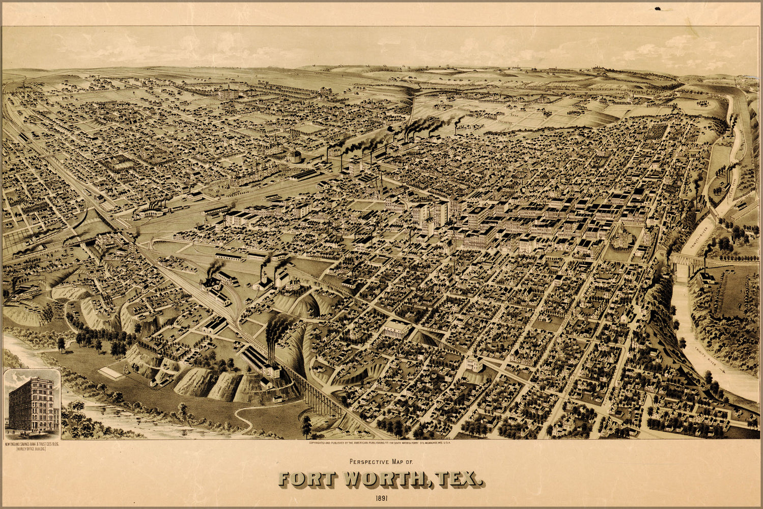 24"x36" Gallery Poster, birdseye view map of Fort Worth, Texas 1891