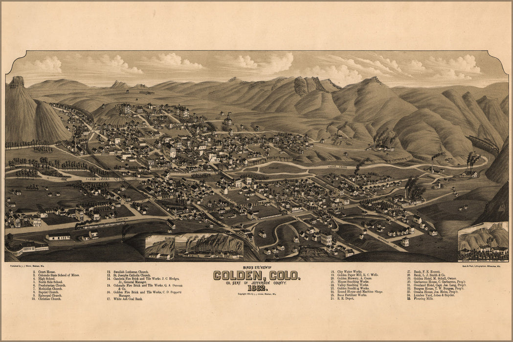 24"x36" Gallery Poster, birdseye view map of Golden, Colorado 1882