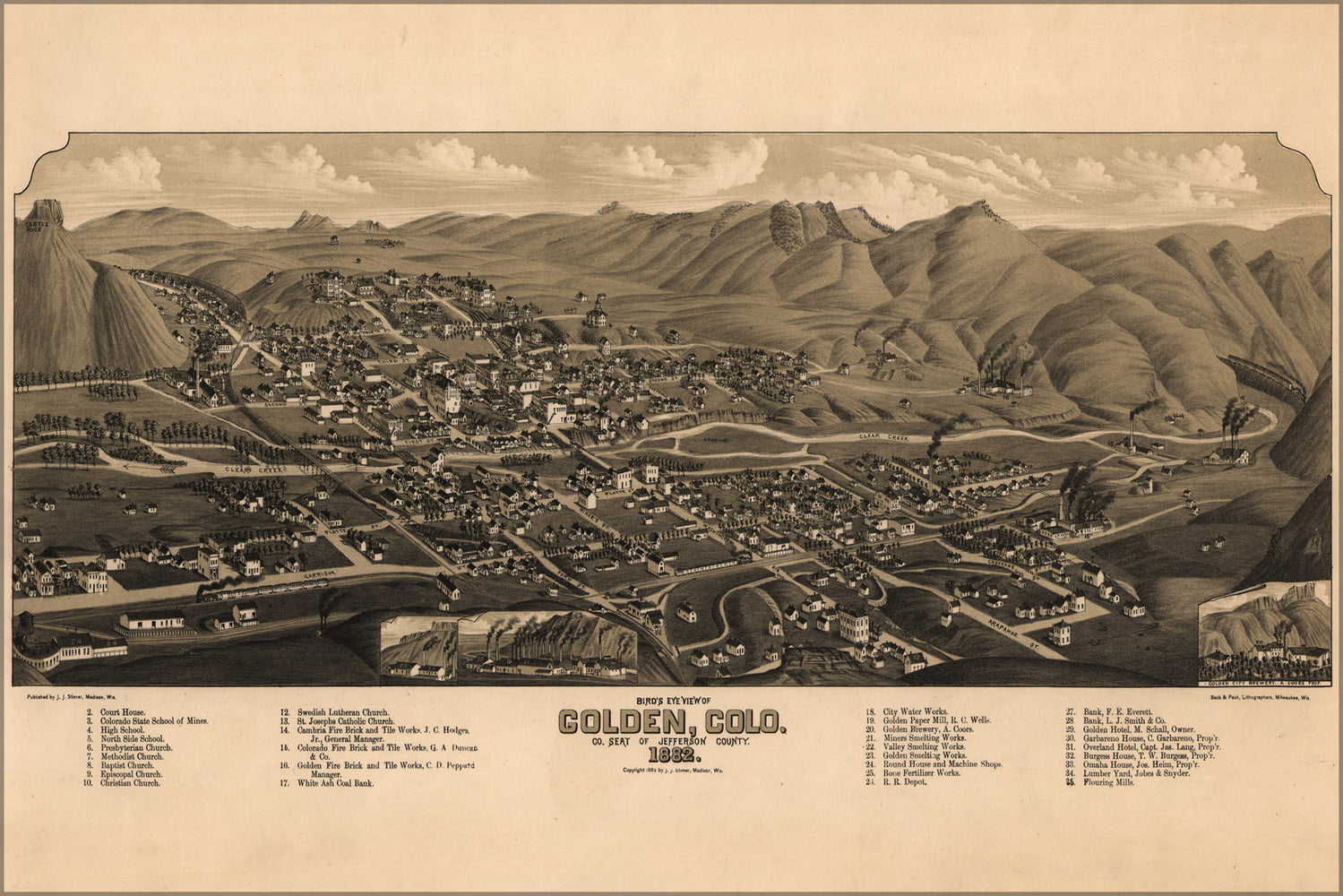 24"x36" Gallery Poster, birdseye view map of Golden, Colorado 1882