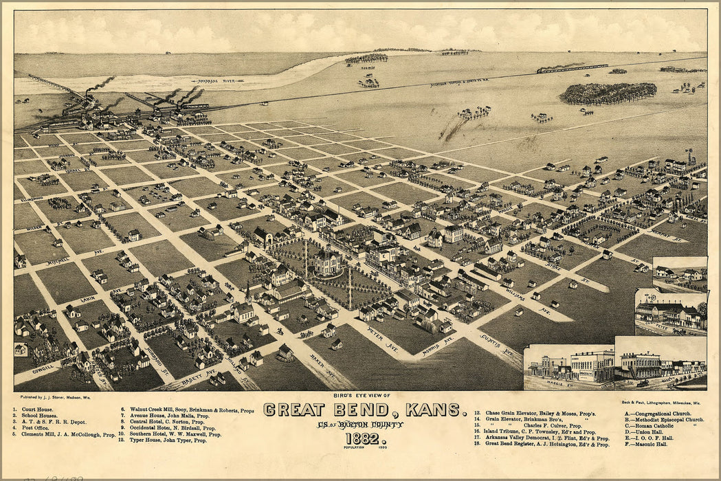 24"x36" Gallery Poster, birdseye view map of Great Bend, Kansas 1882