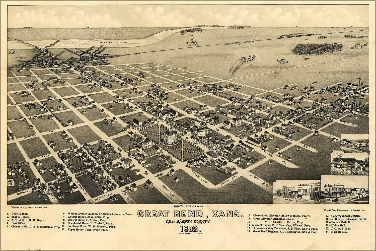 24"x36" Gallery Poster, birdseye view map of Great Bend, Kansas 1882