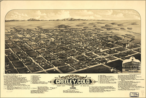 24"x36" Gallery Poster, birdseye view map of Greeley, Colorado 1882