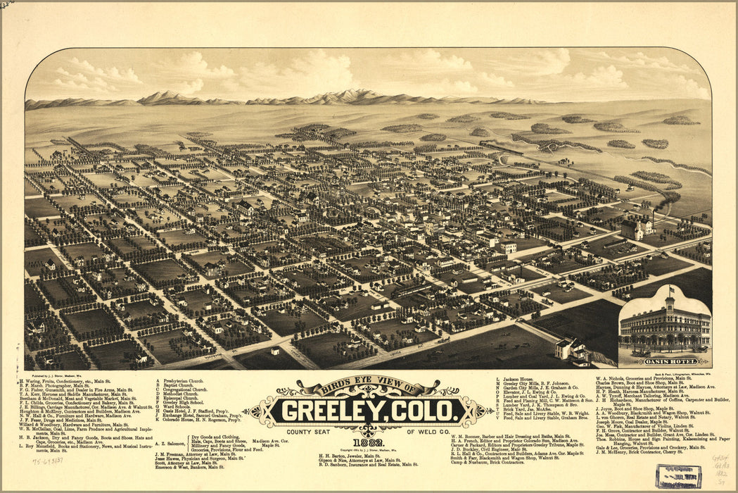 24"x36" Gallery Poster, birdseye view map of Greeley, Colorado 1882