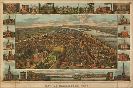 24"x36" Gallery Poster, birdseye view map of Harrisburg, Penn. 1855