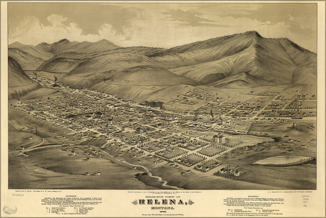 24"x36" Gallery Poster, birdseye view map of Helena, Montana 1875