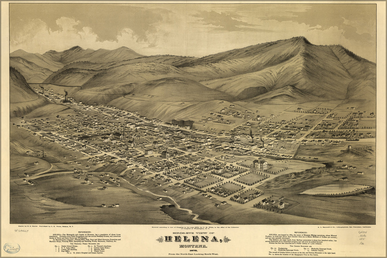 24"x36" Gallery Poster, birdseye view map of Helena, Montana 1875
