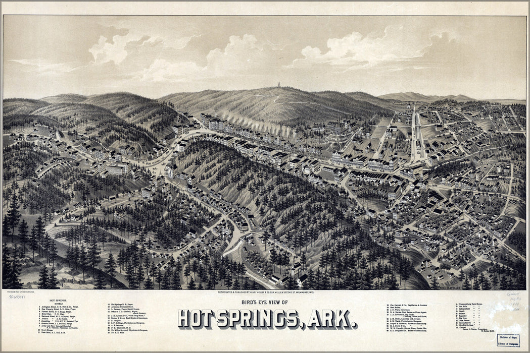 24"x36" Gallery Poster, birdseye view map of Hot Springs, Arkansas 1888