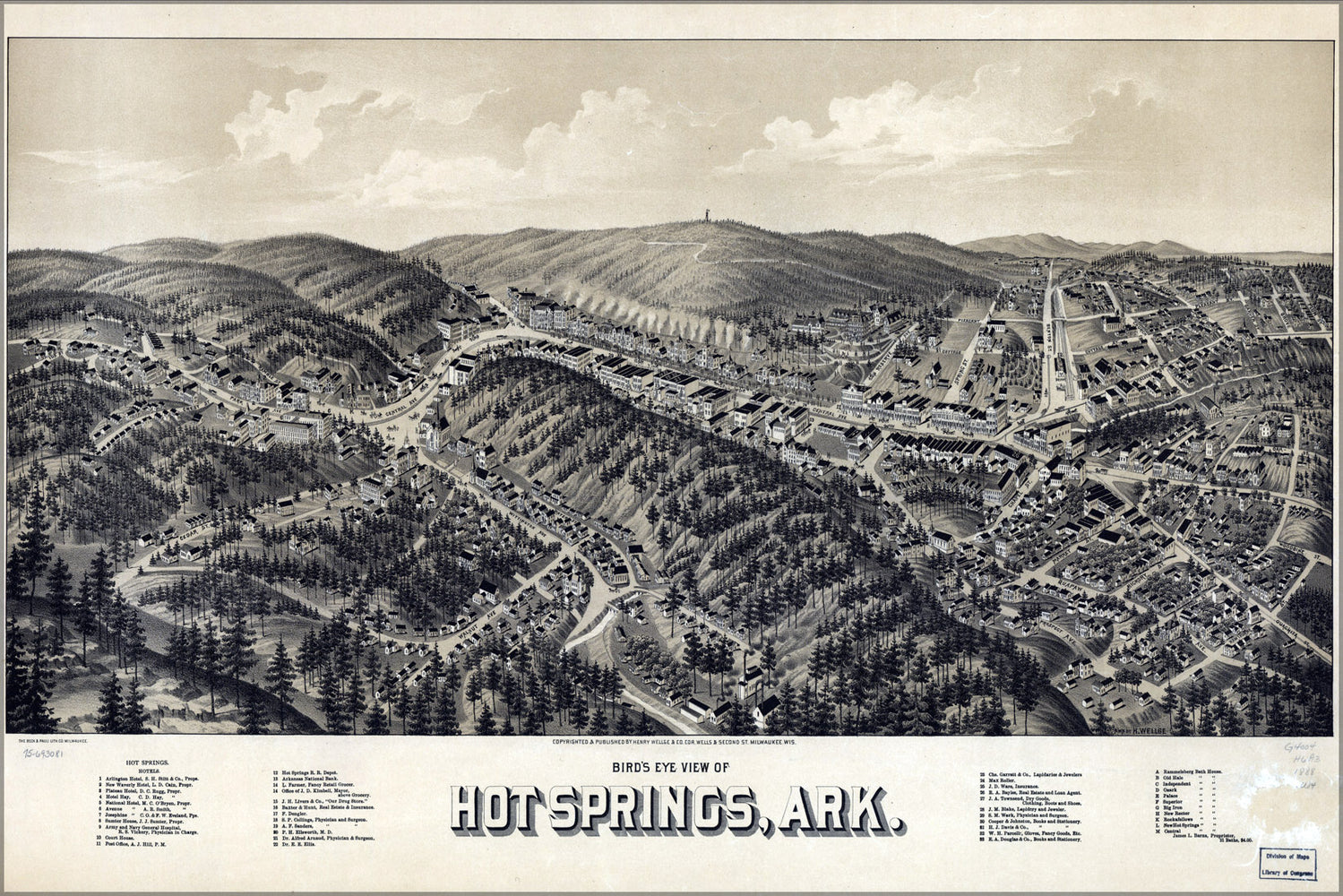 24"x36" Gallery Poster, birdseye view map of Hot Springs, Arkansas 1888