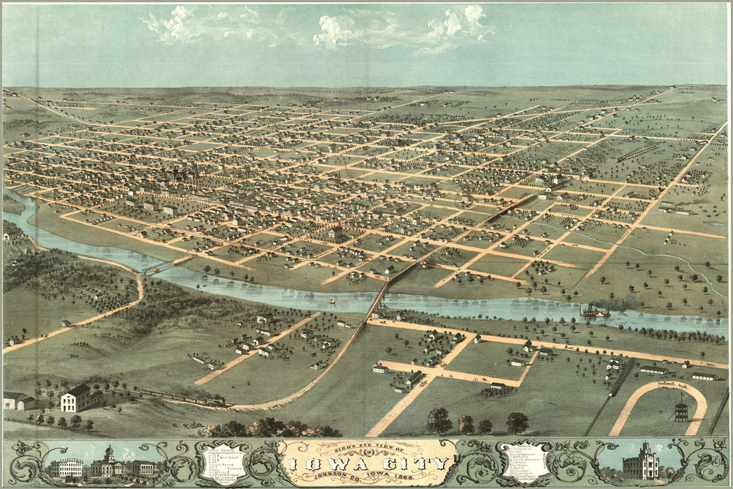 24"x36" Gallery Poster, birdseye view map of Iowa City, Iowa 1868