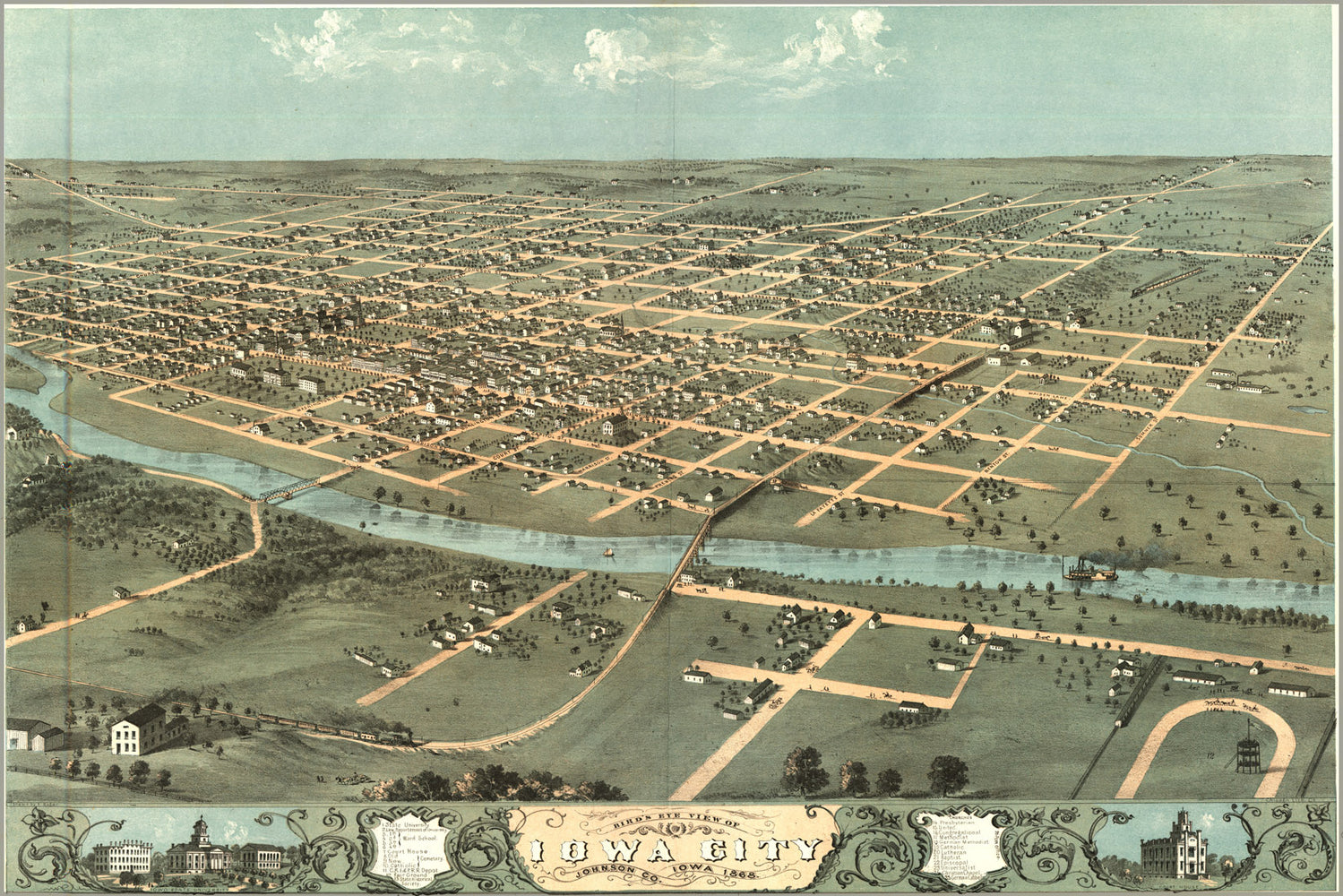 24"x36" Gallery Poster, birdseye view map of Iowa City, Iowa 1868