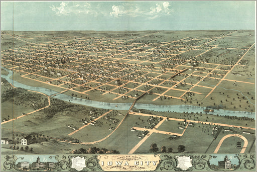 24"x36" Gallery Poster, birdseye view map of Iowa City, Iowa 1868